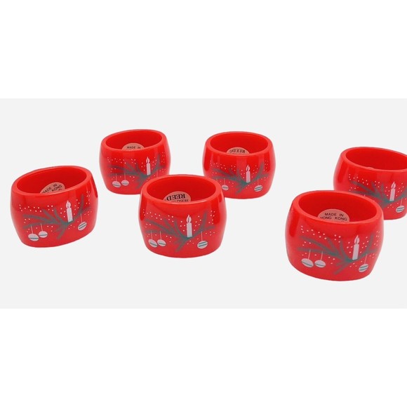 6 Vintage Christmas Napkin Rings by Reed Acrylic Red Holiday Decor Ornament MCM - Picture 1 of 13